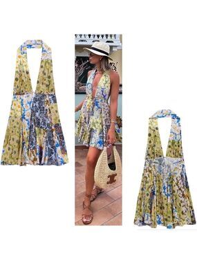 Zara Floral Daisy Printed Halter Mini Dress Size XL Bloggers Bohemian Holiday